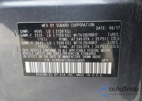 2017 Subaru Outback 2.5I Premium from USA, damaged, VIN 4S4BSAFC9H3434885